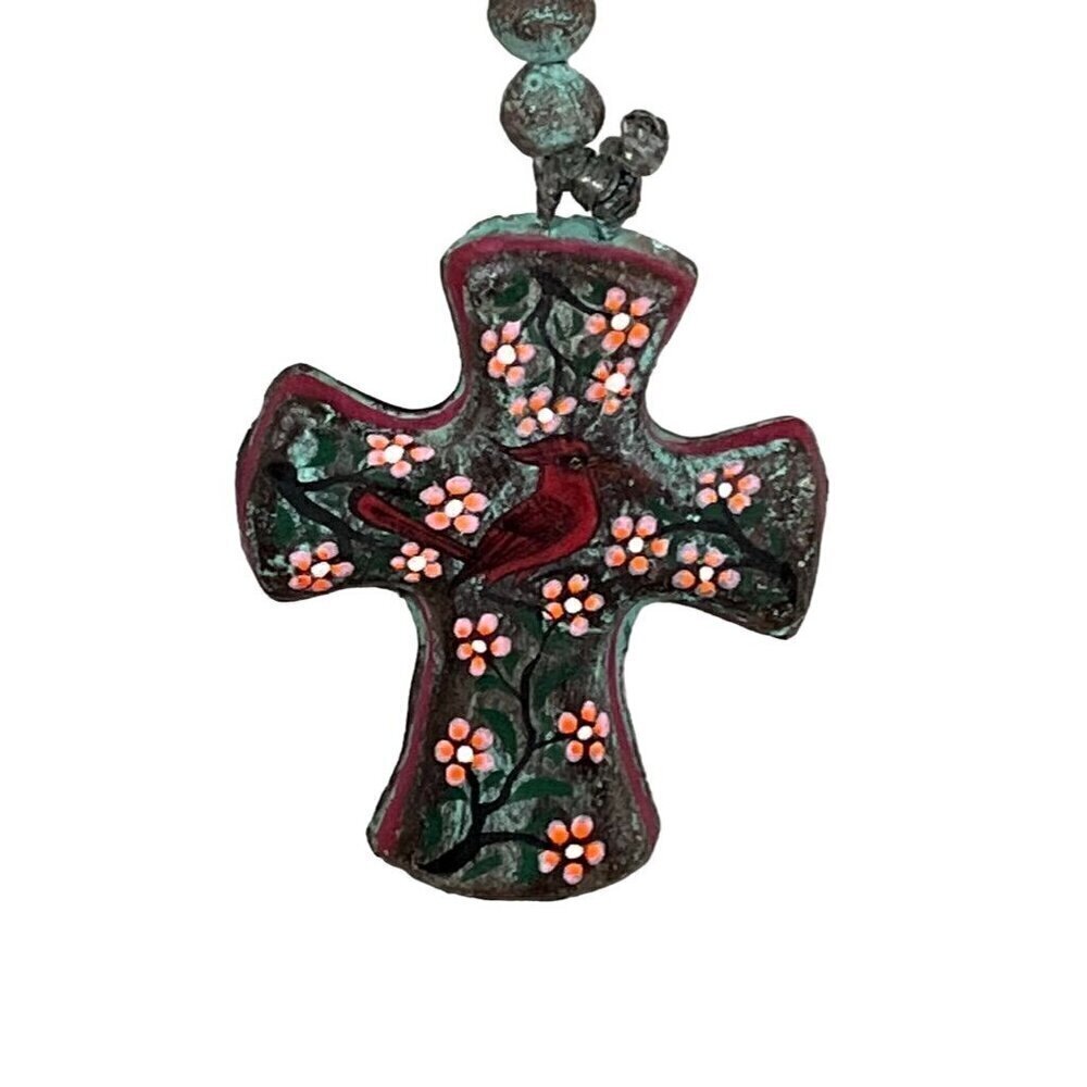 Stoneware Cross Green Rosary Red Cardinal Beads Indie Wall Home Decor Boho Folk